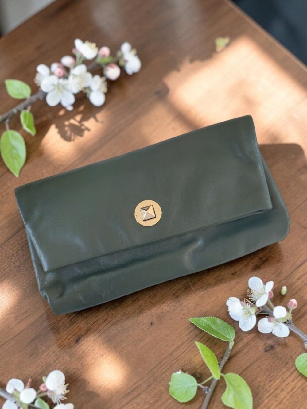 Kate Spade Grace Embellished Lock Clutch Crossbody Bag Olive Green Leather